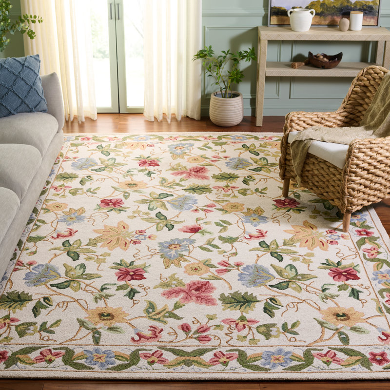 Tapis floral en laine crocheté à la main Chelsea, Rectangle 8 pi x 10 pi