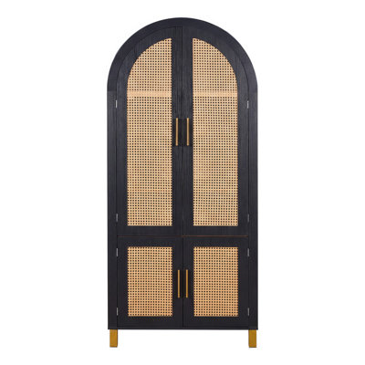 Armoire de rangement haute en arche avec porte en rotin, armoire de ferme moderne en MDF à 4 portes avec tablettes réglables et supports intégrés, vitrine décorative pour cuisine, salle à manger et bureau, finition noire