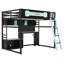 Lit mezzanine double en bois massif avec bureau, tablettes, lumières DEL, ports de recharge USB et panneau perforé, bleu-404890468