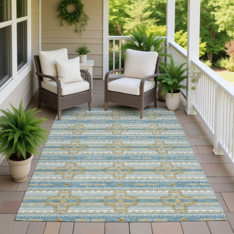 Tapis tribal intérieur / extérieur lavable à la machine, Sarcelle, 9 pi x 12 pi