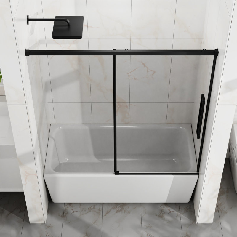 Semi - Matte Black Sliding Bathtub Shower Door, 6Mm Tempered Glass, Adjustable Width 56" 60", Waterproof Seal Strip, Smooth Operation 60" W X 58" Hsliding Door6mm Glassexplosion Proof Coatingsmooth