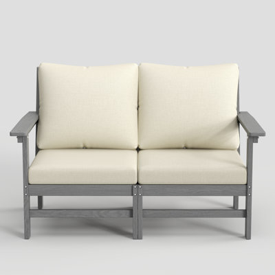 Outdoor 47" HDPE Modular Modern Loveseat With 5" Thick Cushions & Natural Wood Texture
