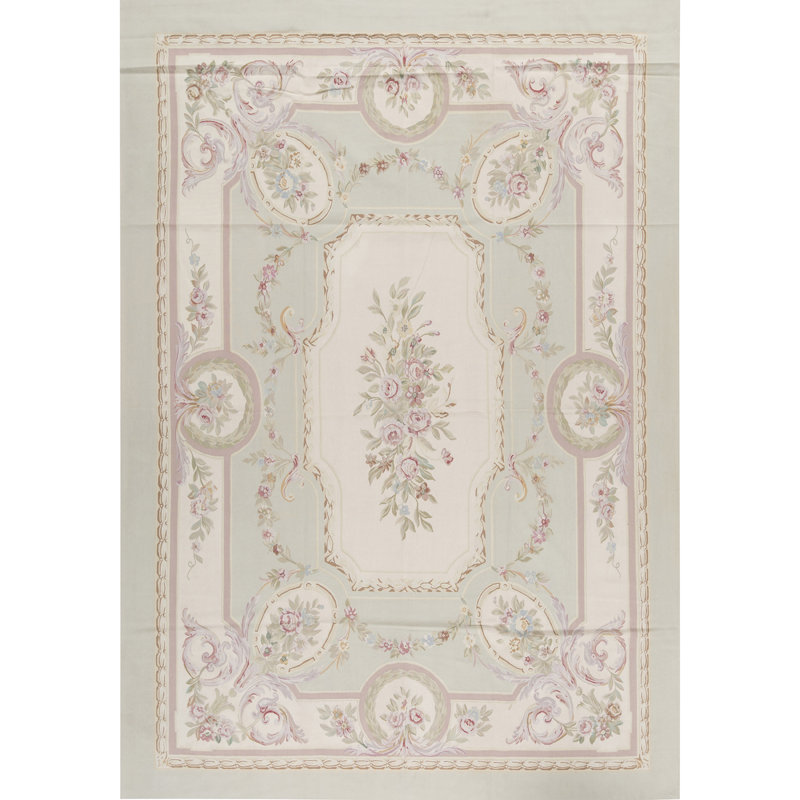 Tapis vert clair et ivoire noué à la main de haute qualité