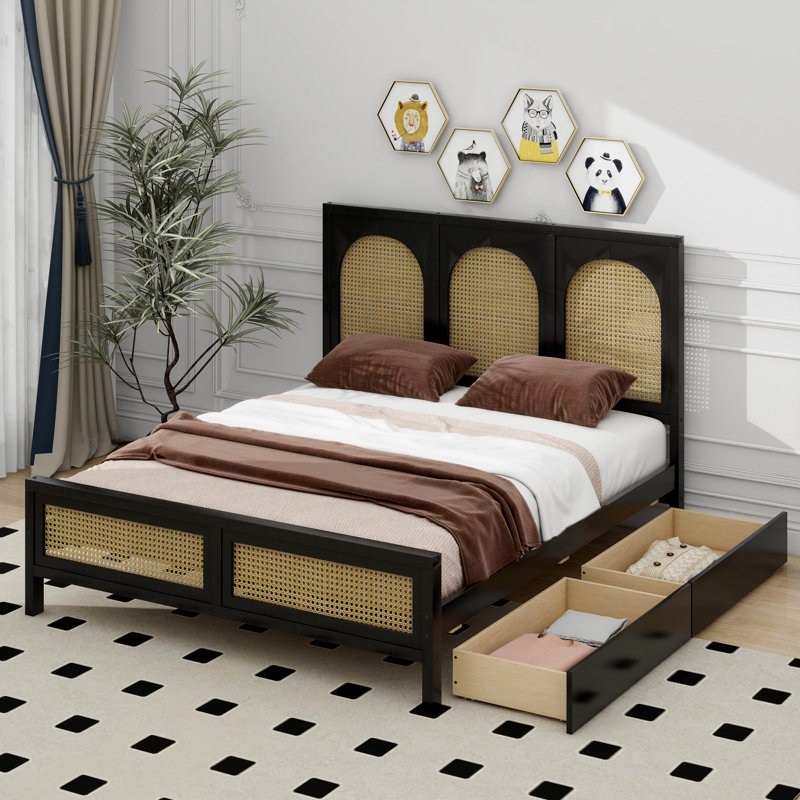 Lit plateforme avec rangement en bois et 2 tiroirs, Double, Noir