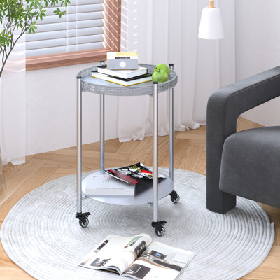 Table d'appoint ronde à 2 niveaux avec roulettes, métal argenté, convient à la chambre à coucher, au salon et à la cuisine, roulement doux sur les planchers durs, couloir de construction en métal café, surfaces différentes, rouille