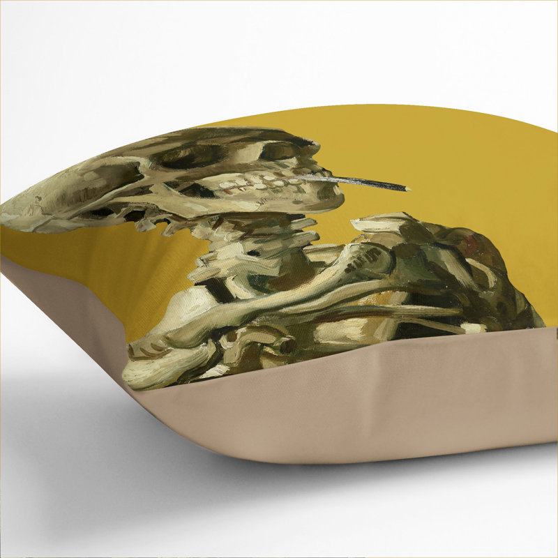 Mustard Skull Of A Skeleton With Cigarette Square Throw Cushion, 40cm H x 40cm W x 15cm D, Stone