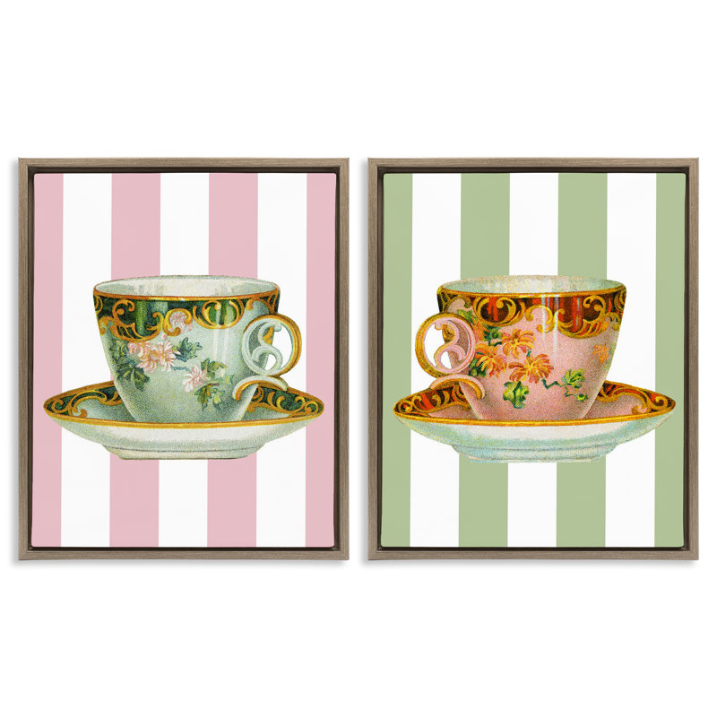 Ensemble de 2 toiles flottantes classiques avec tasses à thé sur rayures, design par Lil 'Rue, H 21 po x l 17 po