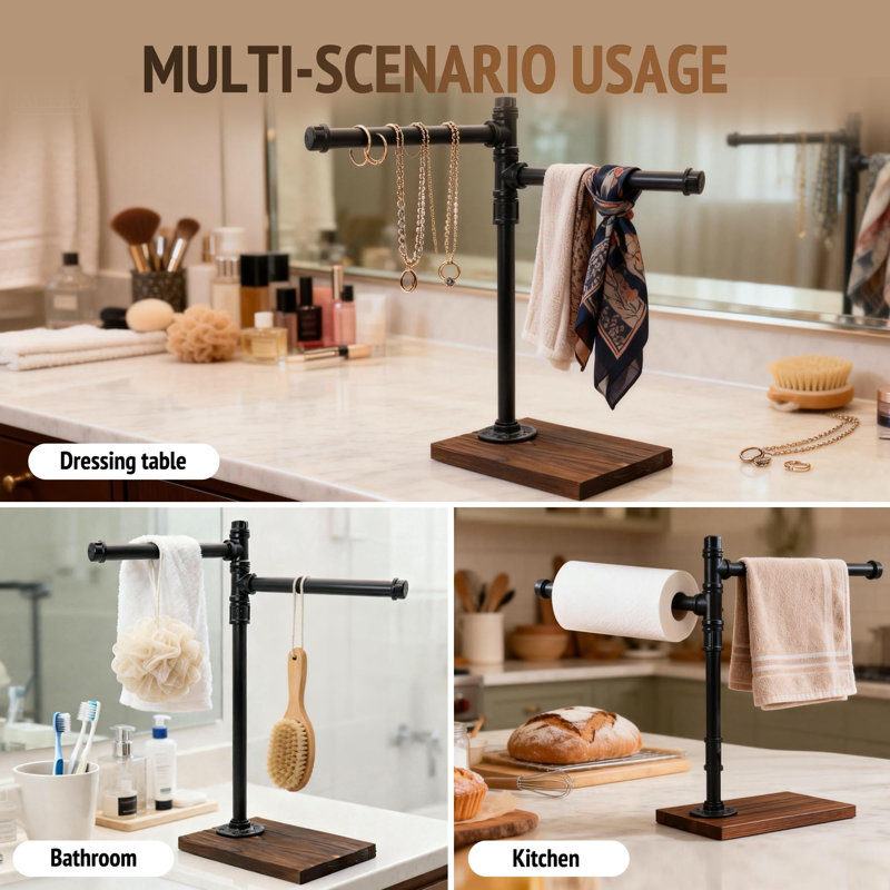 Porte-serviettes pivotant à 360°, porte-serviettes autoportant à 2 bras pour salle de bain et comptoir de cuisine, base rustique en fer et bois