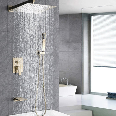 Complete Shower System, 12" Head, Handheld, Wall Mounted, Ceramic Disc, Balance, Brushed Gold Mount, C. ,