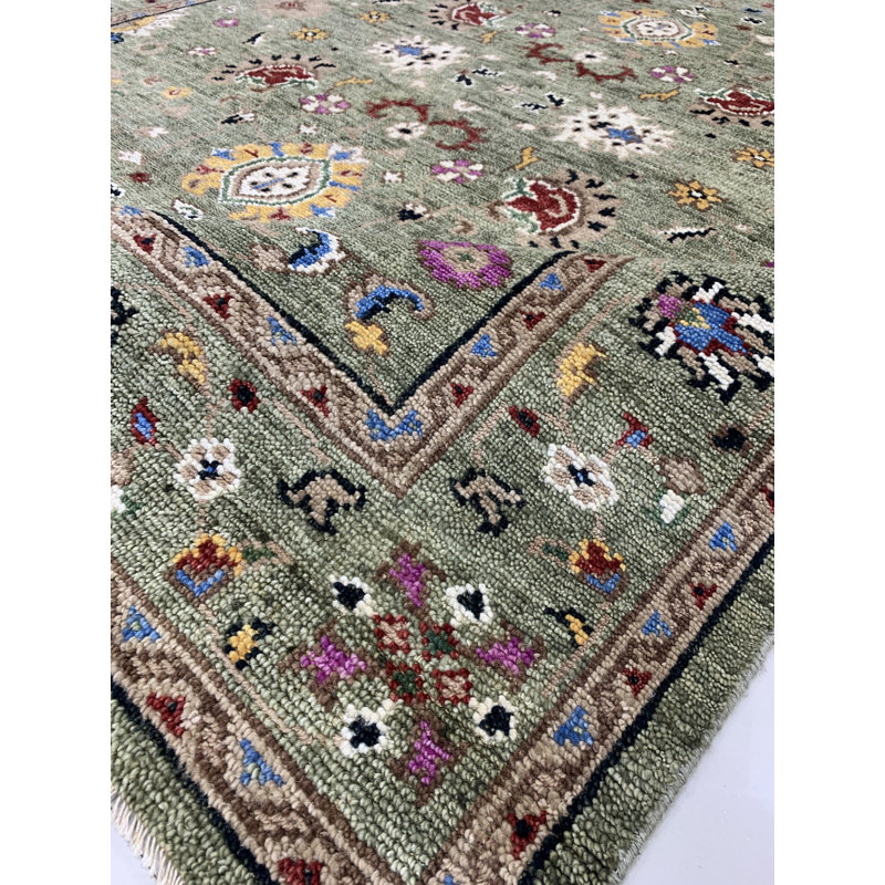 Tapis rectangulaires vert clair en laine noué à la main élégant et durable Dennen, Rectangle 6 pi x 9 pi