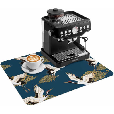 Coffee Mat,Coffee Maker Pad White Fairy Crane Japanese Style Absorbent Non-slip Coffee Bar Accessories Dish Drying Mat for Kitchen Counter,Auspicious Cloud Navy Blue, 16 x 24 in