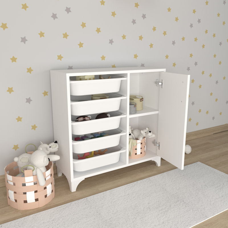 Organisateur de rangement pour garde-robe (noyer 5 paniers avec porte, Blanc