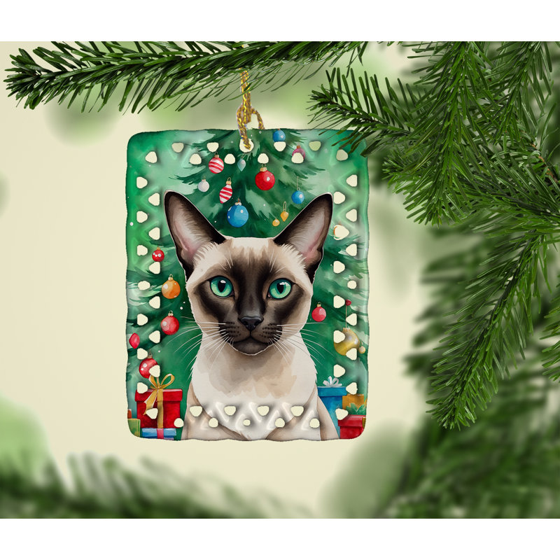 Colorpoint Shorthair Cat By the Christmas Tree Porcelain Ornament, Colorpoint Shorthair Cat