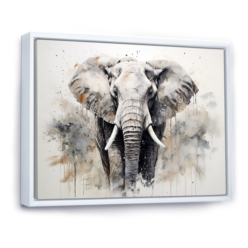 Éléphant élégant en mouvement II - reproduction sur toile, Cadre flottant blanc, H 24 po x l 32 po x P 1 po