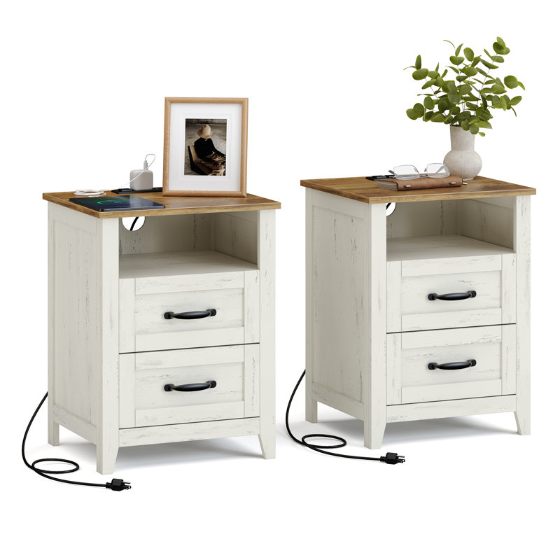 Allenside 18" W Nightstand With Charging Station, Rustic White/Honey Brown, Set of 2