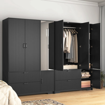 Armoire 4 portes avec miroir, armoire à DEL avec portes et 2 tiroirs, armoire de rangement en bois avec tringle, tablettes réglables