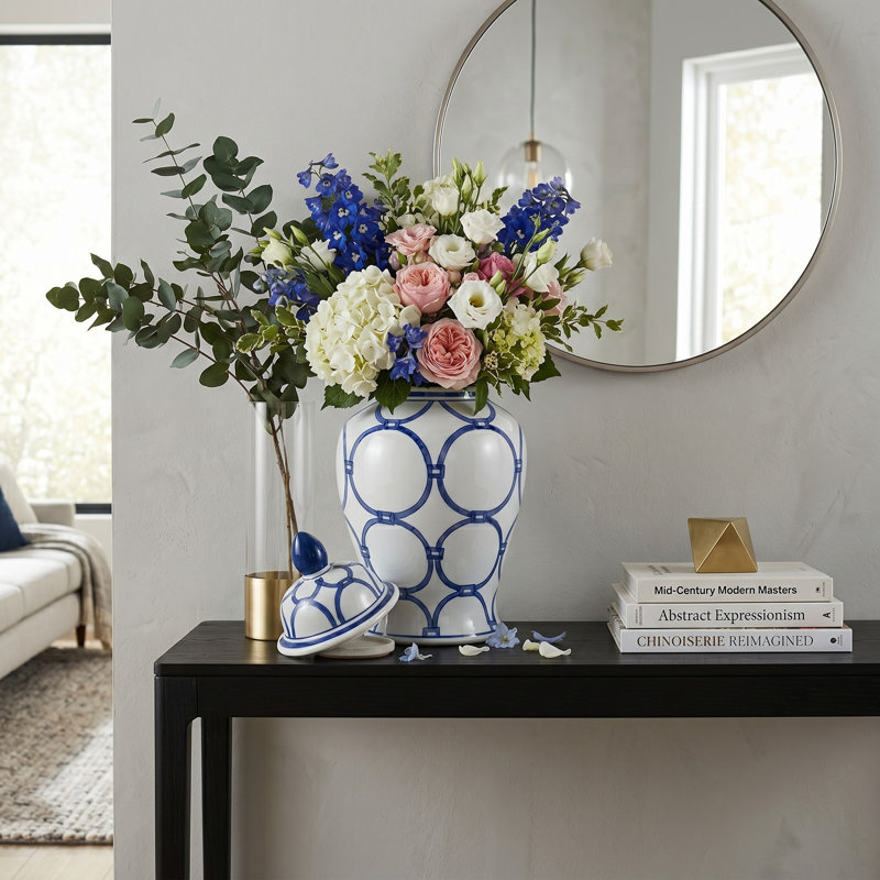 Cinya Ceramic Vase and Decorative Temple Jar with Lid - Elegant Flower Vase for Home Decor, 18" H x 9" W x 9" D