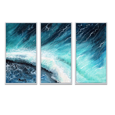 " Navy Blue Ocean Waves with White Seafoam I " 3 Piece Art Mixed Media Print