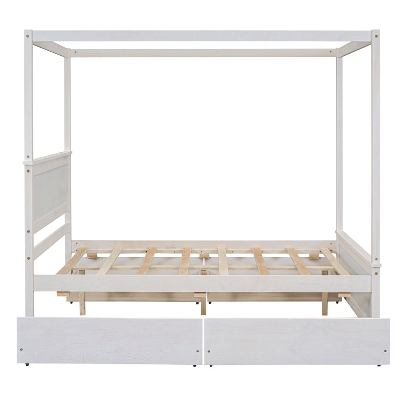 Full Size Canopy Platform Bed with 4 Drawers & Solid Pine Frame, Brushed White Finish