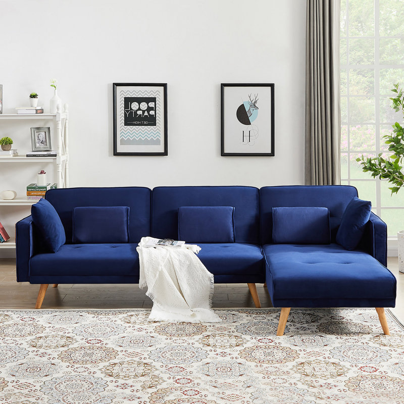 Canapé modulaire rembourré 3 pièces Amirea, Velours bleu, Right
