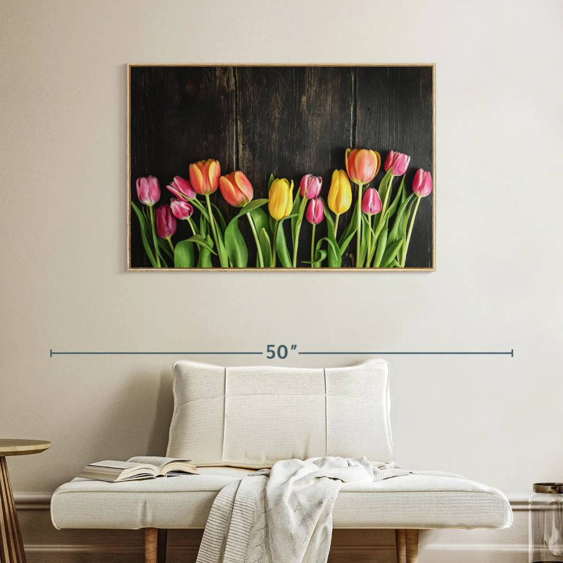 Tulipes sur bois, Cadre flottant en bois naturel, 43 po x 29 po