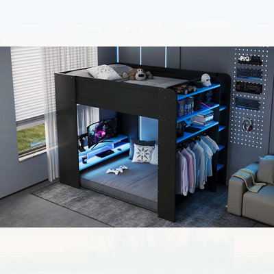 Lit superposé double avec bureau à hauteur réglable, garde-robe, rangement spacieux et lumière RVB pour les joueurs