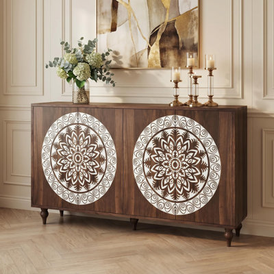 Buffet 60 po à grain rétro sculpté Mandala, armoire 4 portes Boho, crédence de rangement Mid-Century à pieds surélevés pour vestibule, salle à manger et salon