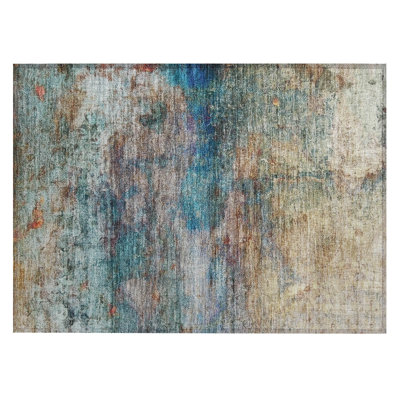 Machine Washable Indoor/Outdoor Xhevrie Teal Rug
