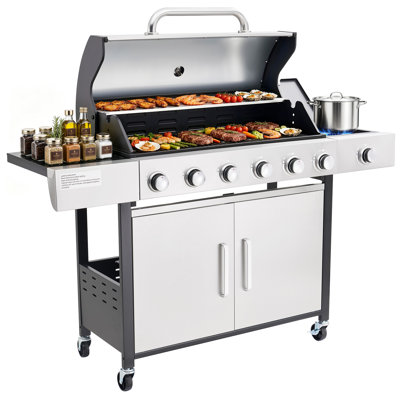 63,000 BTU Propane Gas Grill, 6-Burner with Side Stove