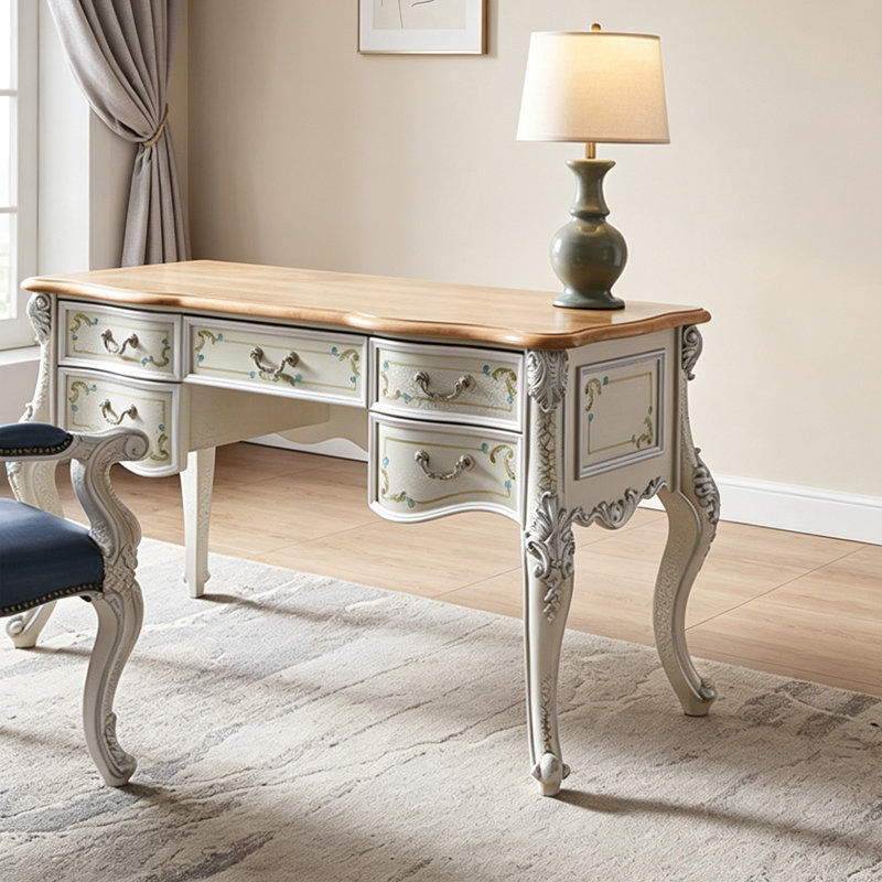 Retro Painted Rectangular Solid Wood Writing Desk, Brown/White