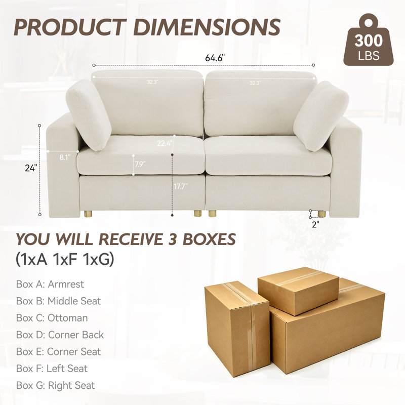 Upholstered Sofa with Storage, Solid Wood Legs and 2 Pillows, Beige Chenille, 2
