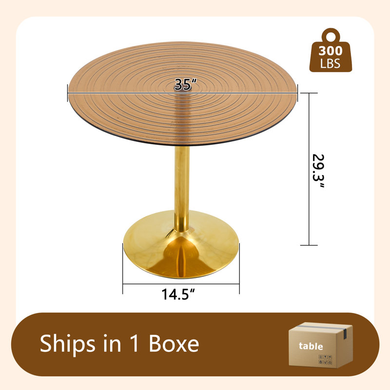 35" Round Tawny Ripple Tempered Glass Dining Table With Gold Tulip Pedestal Base, Table Only