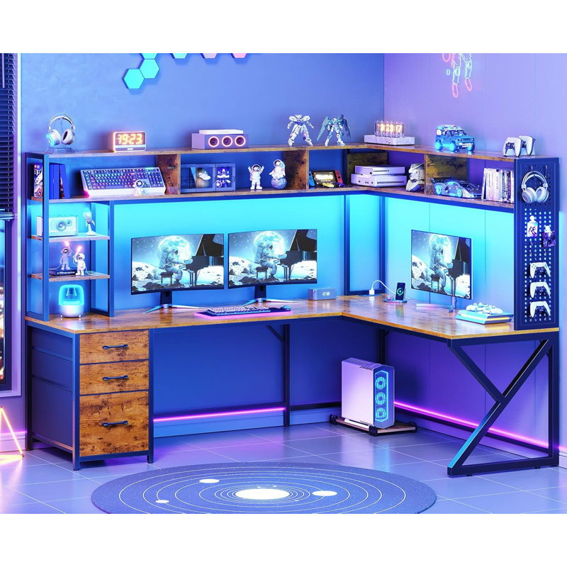 L Shaped Desk With Hutch And 3 Drawers, Convertible 94.5" Computer Desk, Brown