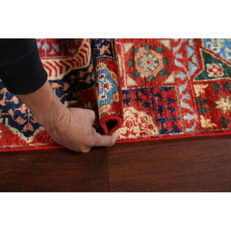 Tapis de couloir rouge en laine noué à la main 2 pi 7 po x 9 pi 3 po