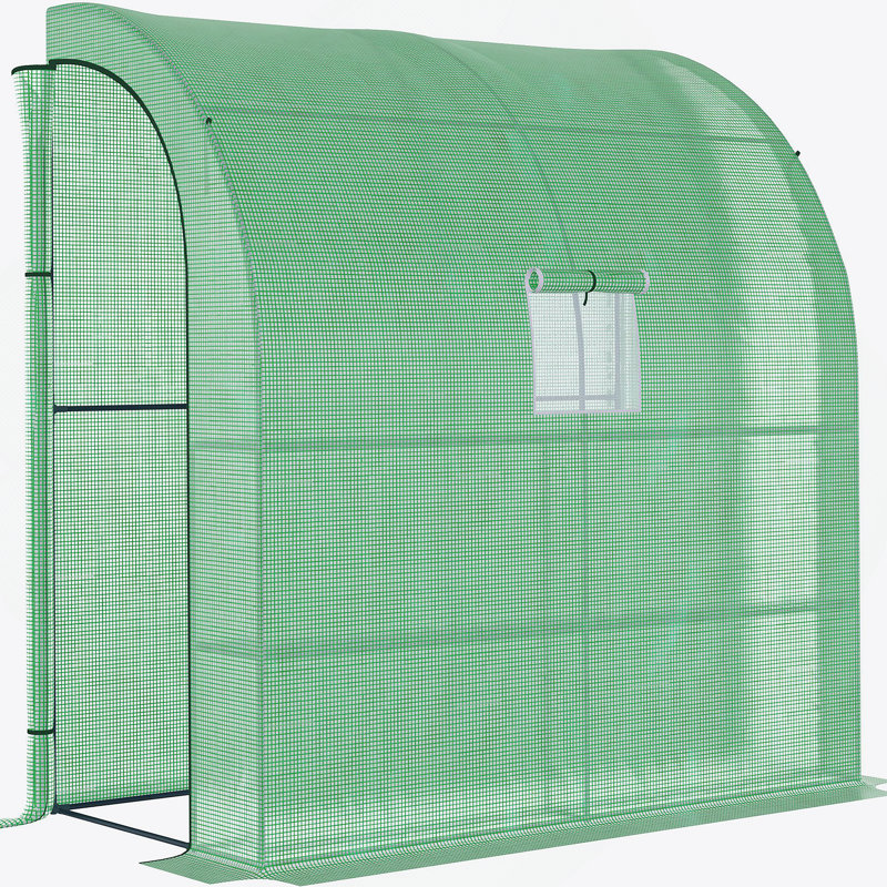7' X 3' X 7' Lean To Greenhouse, Walk-In Green House, Plant Nursery With 2 Roll-Up Doors And Windows, PE Cover And 3 Wire Shelves, Green