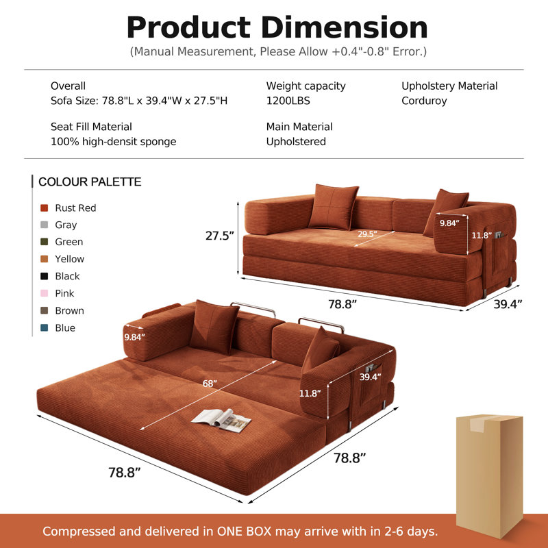 78.8''Sleeper Couch Bed for Livingroom,Convertible Modular Sofa with Armrest Pillow,Modular Foldable Corduroy Couches in a Box,No Assembly