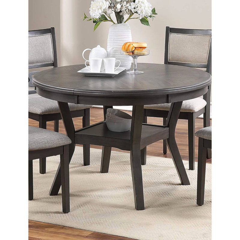 Table de salle à manger grise, ronde, fabriquée en bois d'hévéa gris