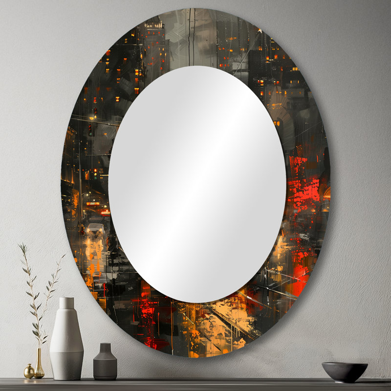 Yellow Grey Urban Haven City - Yellow Modern Oval Wall Mirror, 43" x 33"