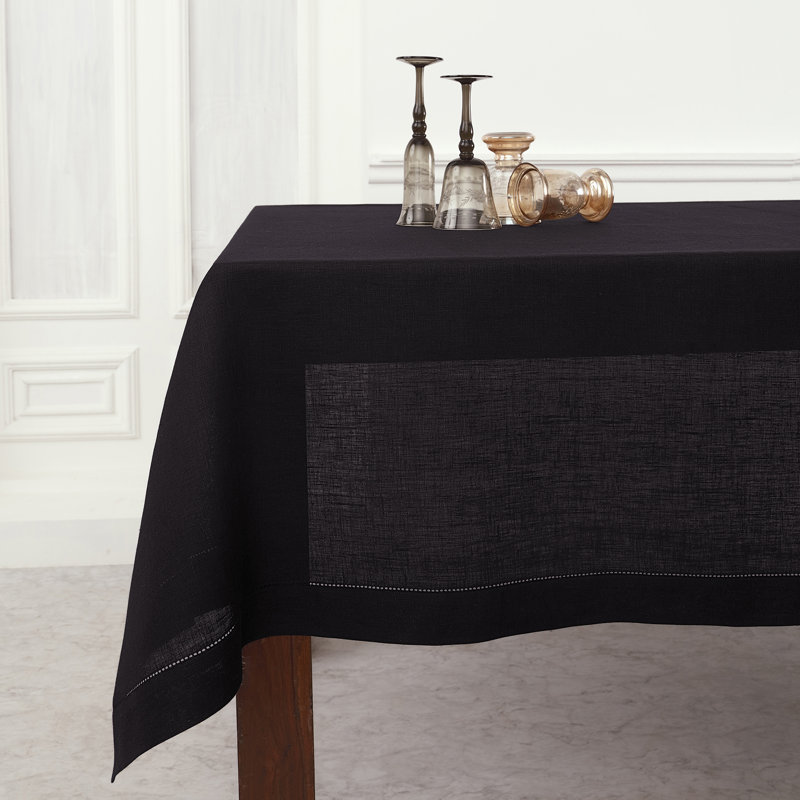 100% Pure Linen Hemstitch Table Throw - Classic Hemstitch, Black