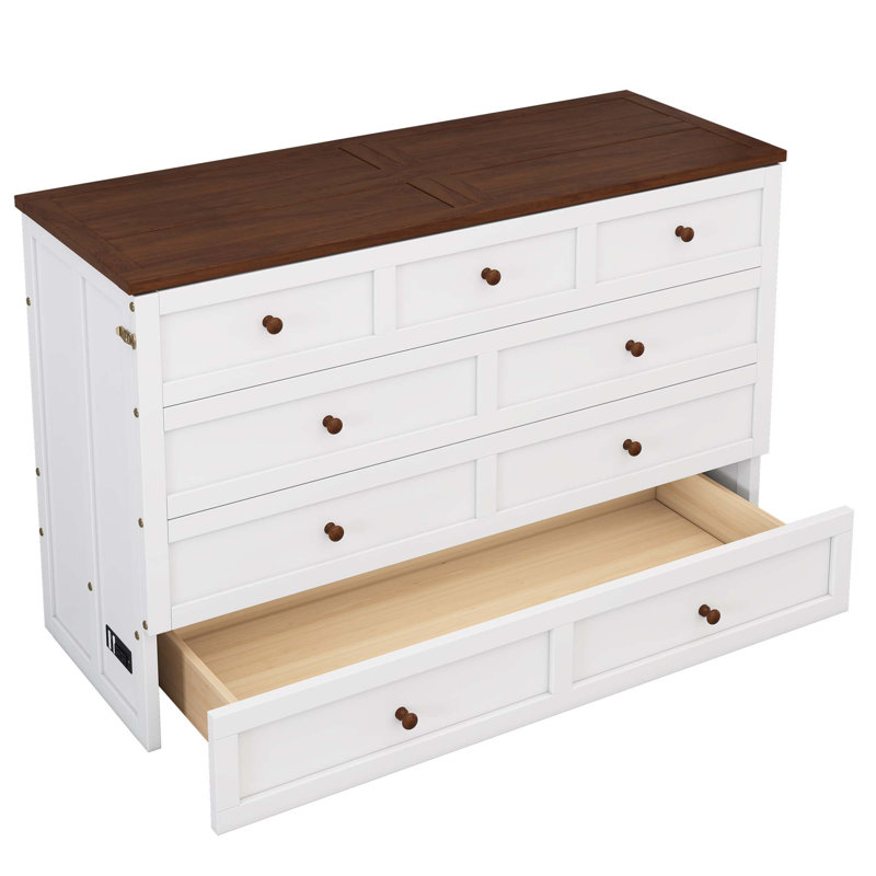 Commode pour lit escamotable en pin massif avec station de charge et grand tiroir de rangement pour bureau à domicile ou petite pièce