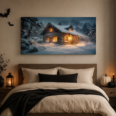 Cabane en pierre aux fenêtres illuminées dans un décor hivernal enneigé - Toile murale d'Halloween
