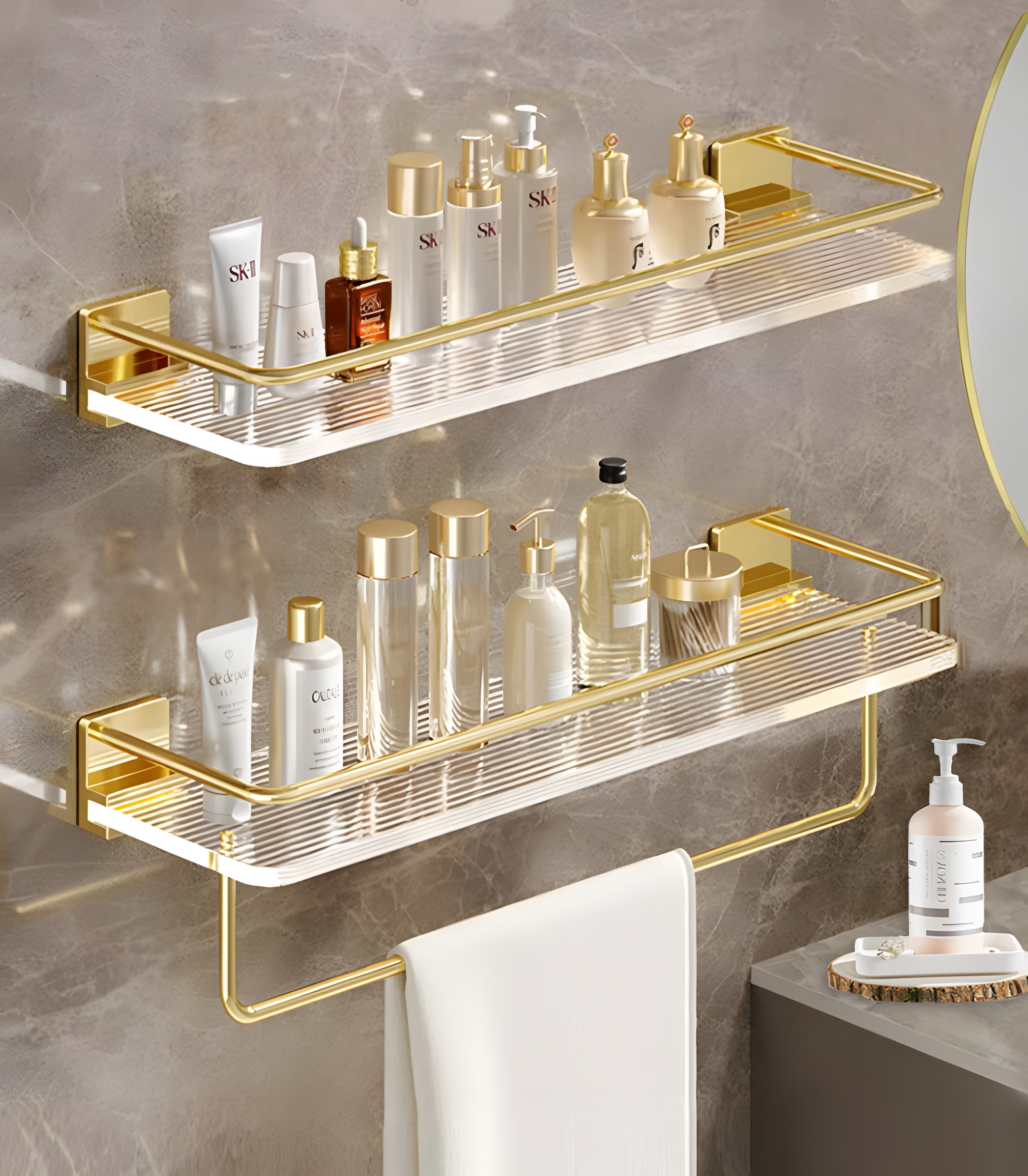 Shower Shelf Adhesive Shower Organizer No Drill Shower Shampoo Holder Wall  Mounted Space Aluminum/acrylic For Toilet Bathroom,gold