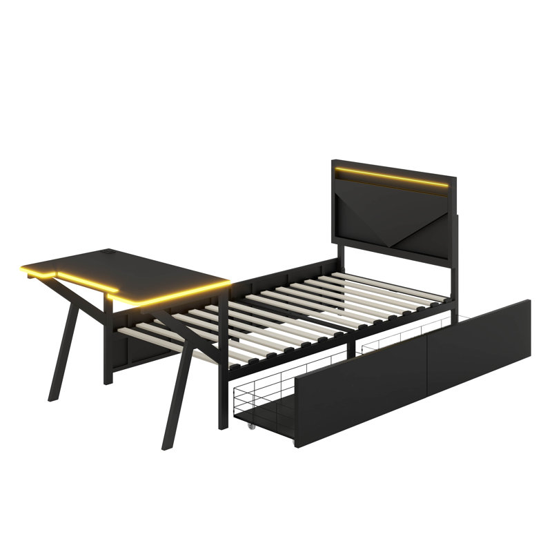 Lit de jeu avec bureau et rangement, cadre de lit à DEL avec 2 tiroirs, Lit simple