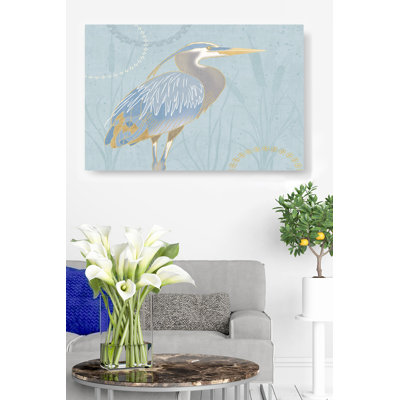 Heron Egret By The Shore II Cattails Coastal, Bird, Blue, Grey, Yellow