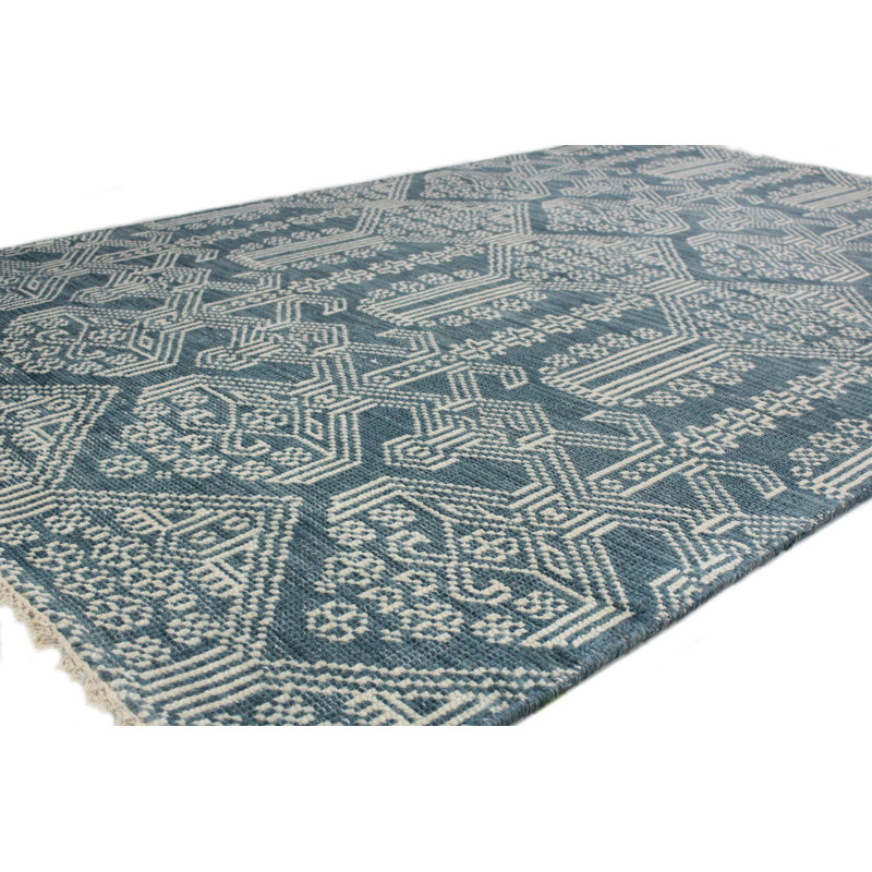 Azure Blue Hand-Knotted Wool Rectangular Rug 3'6" x 5'6"
