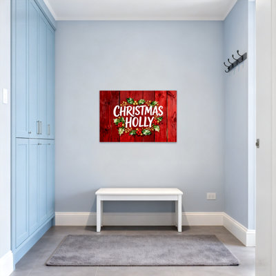 Christmas Christmas Holly On Red Wood Background