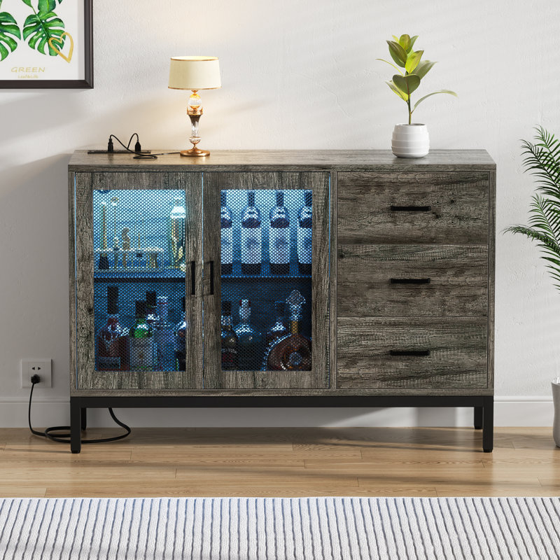 Kyzier 45.27'' Coffee Wine Bar Cabinet with LED Light, Sideboard With 3 Drawers, Gray