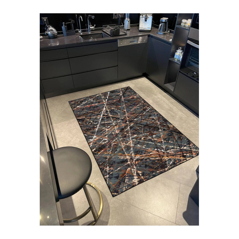Tapis noir tissé à motif Siesta à rayures noires et tapis lavable, Rectangle 3 pi 4 po x 5 pi