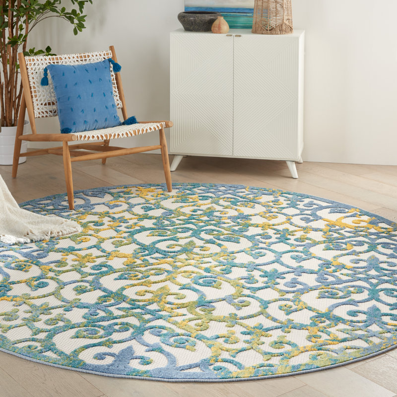 Tapis intérieur / extérieur bleu / ivoire Mappsville, Rond 7 pi 10 po