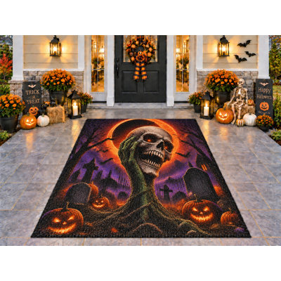 Tapis d'extérieur 152 x 213 cm (5 pi x 7 pi) Halloween Éclipse rouge, épaisse, imperméable, en PVC bouclé, résistant, séchage rapide, idéal pour terrasse, balcon, entrée ou porche.